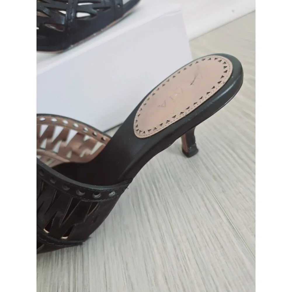 Alaia Paris Cutout Leather Black Slip On Open Toe Kitten Heels Mules Shoes 37 7 - Picture 3 of 11
